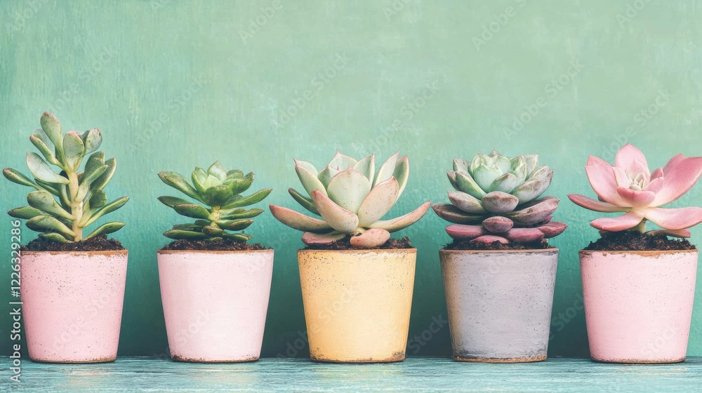 Obraz premium Five vibrant potted succulents showcase various shapes and colors, enhancing the serene green backdrop with a touch of nature