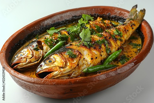 Traditional Bangladeshi hilsa fish curry served in a clay bowl, garnished with mustard seeds and green chilies