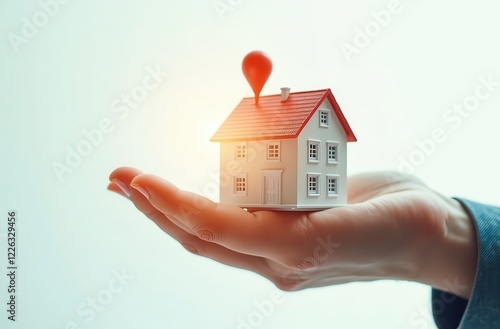 A person holds a miniature house with a location pin above it, symbolizing the real estate and property investment concept. The soft lighting enhances the theme of homeownership and housing market opp photo