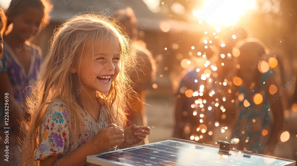 happy girl at solar powered water fountain - sustainable living happy girl at solar powered water fountain - sustainable living