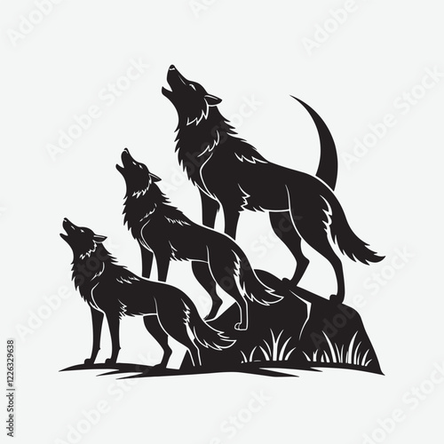 Discover a striking black wolves silhouette vector art on a clean white background. Perfect for logos, wall art, and graphic design projects. Download high-quality, detailed wolf pack illustrations.