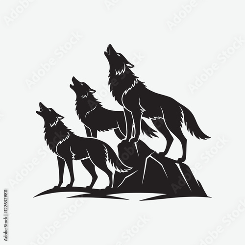 Discover a striking black wolves silhouette vector art on a clean white background. Perfect for logos, wall art, and graphic design projects. Download high-quality, detailed wolf pack illustrations. photo