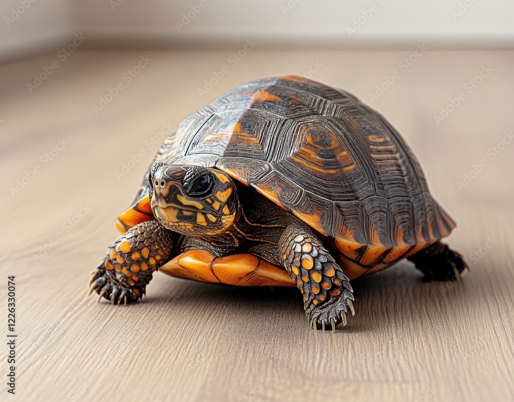 Fototapeta premium Close-up of a vibrant and colorful turtle resting on a wooden floor, showcasing unique shell patterns and shiny eyes in a well-lit indoor setting