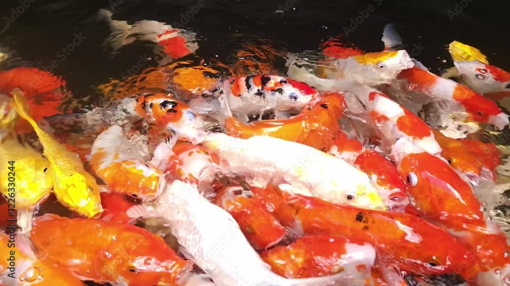 A bustling view of many colorful koi fish or Japanese koi carp as they swim together in a pond. Koi finding for food. A bustling view of many colorful koi fish or Japanese koi carp as they swim together in a pond. Koi finding for food.