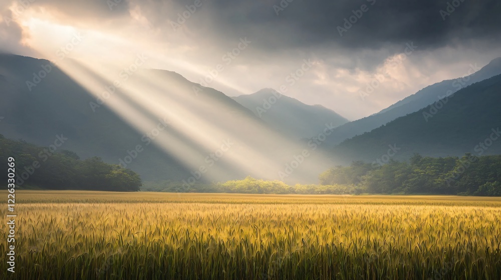Obraz premium Dramatic Thunderclouds Over a Golden Rice Field Mountain Landscape Nature Photography Serene Environment Aerial View