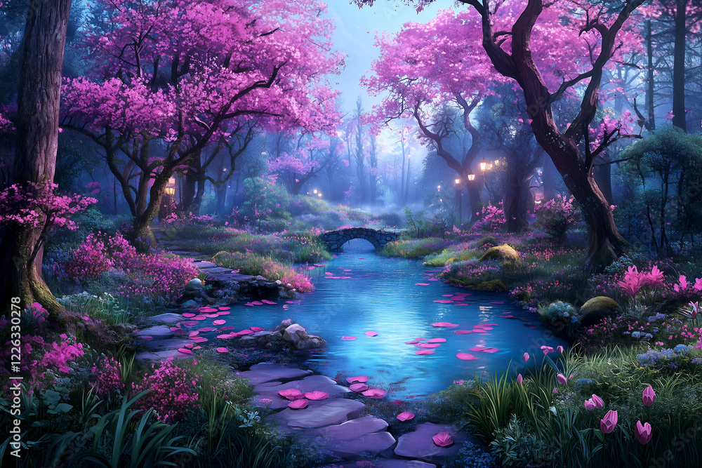 A beautiful forest with a bridge and a pond. The pond is filled with pink flowers and the trees are pink A beautiful forest with a bridge and a pond. The pond is filled with pink flowers and the trees are pink