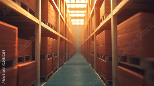 Wallpaper Mural A dimly lit warehouse aisle with rows of wooden shelves stacked with boxes, creating a sense of depth and perspective. Torontodigital.ca