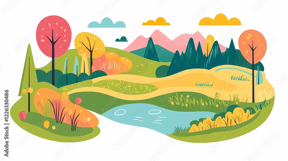 Obraz premium Vibrant Minimalist Landscape with Stream and Colorful Trees