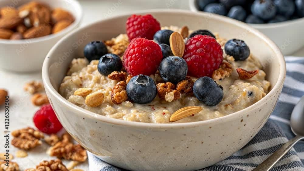 A closeup view reveals the creamy texture of the oats interspersed with the crunch of almonds and walnuts while plump blueberries and bright raspberries sit atop the hearty A closeup view reveals the creamy texture of the oats interspersed with the crunch of almonds and walnuts while plump blueberries and bright raspberries sit atop the hearty