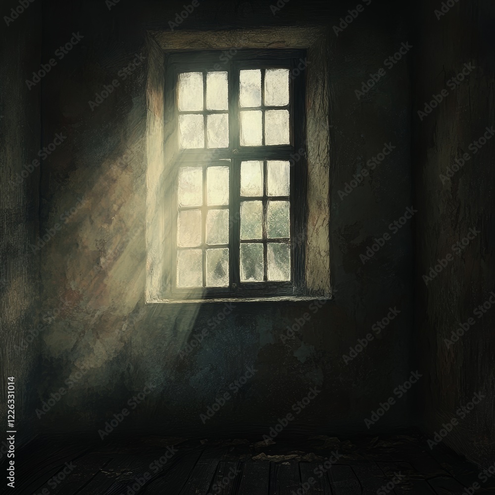 Sunbeam illuminates a dark, grungy room with an old window. Sunbeam illuminates a dark, grungy room with an old window.