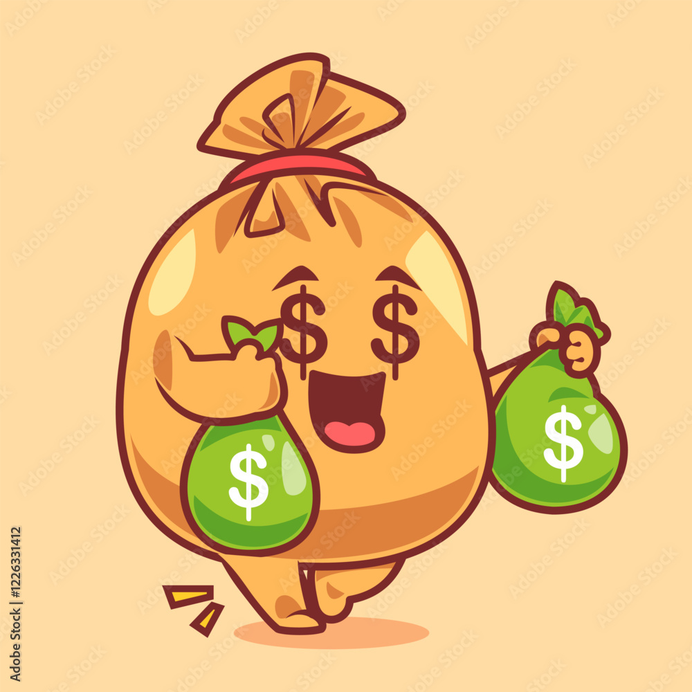 Naklejka premium Cute money bag holding green bags, smiling happily, vector illustration.