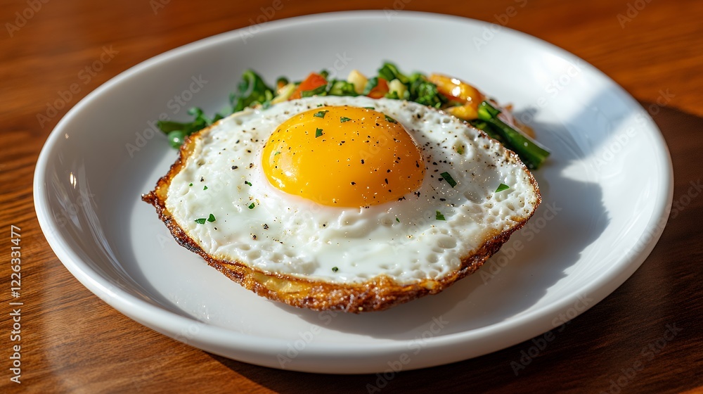 Sunny Side Up Fried Egg with Sauteed Greens on White Plate Sunny Side Up Fried Egg with Sauteed Greens on White Plate