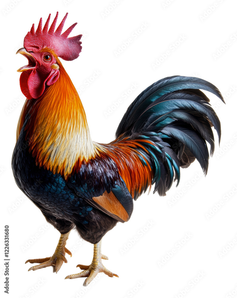 Fototapeta premium Colorful rooster standing proudly on display isolated on transparent background