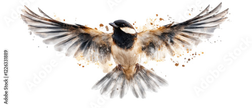 Bird in Flight: An artistic rendering of a bird with wings spread in mid-flight, showcasing a blend of watercolor and digital artistry that captures the essence of freedom and motion.