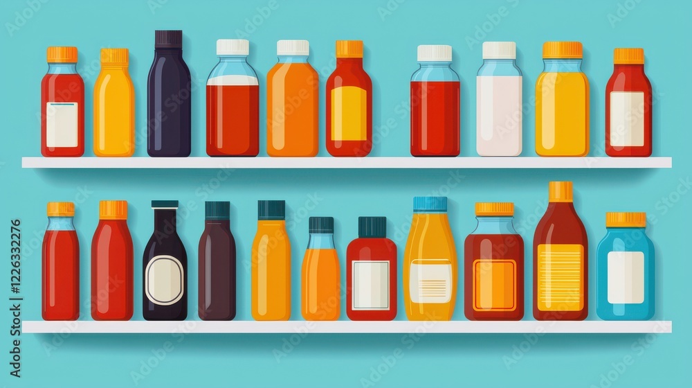 A colorful array of sauces and condiments displayed on shelves against a blue background, showcasing various bottle shapes and sizes. A colorful array of sauces and condiments displayed on shelves against a blue background, showcasing various bottle shapes and sizes.