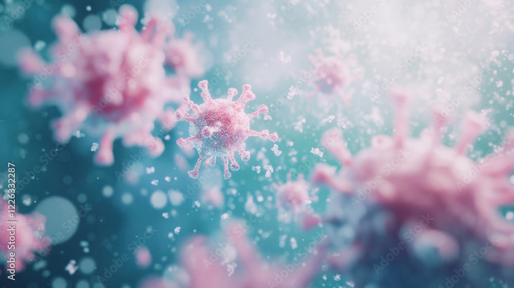 A close-up of pink viral particles floating in an abstract blue and white space, illustrating a scientific or medical concept. A close-up of pink viral particles floating in an abstract blue and white space, illustrating a scientific or medical concept.