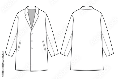 Peacoat front and back view vector mockup template technical flat design