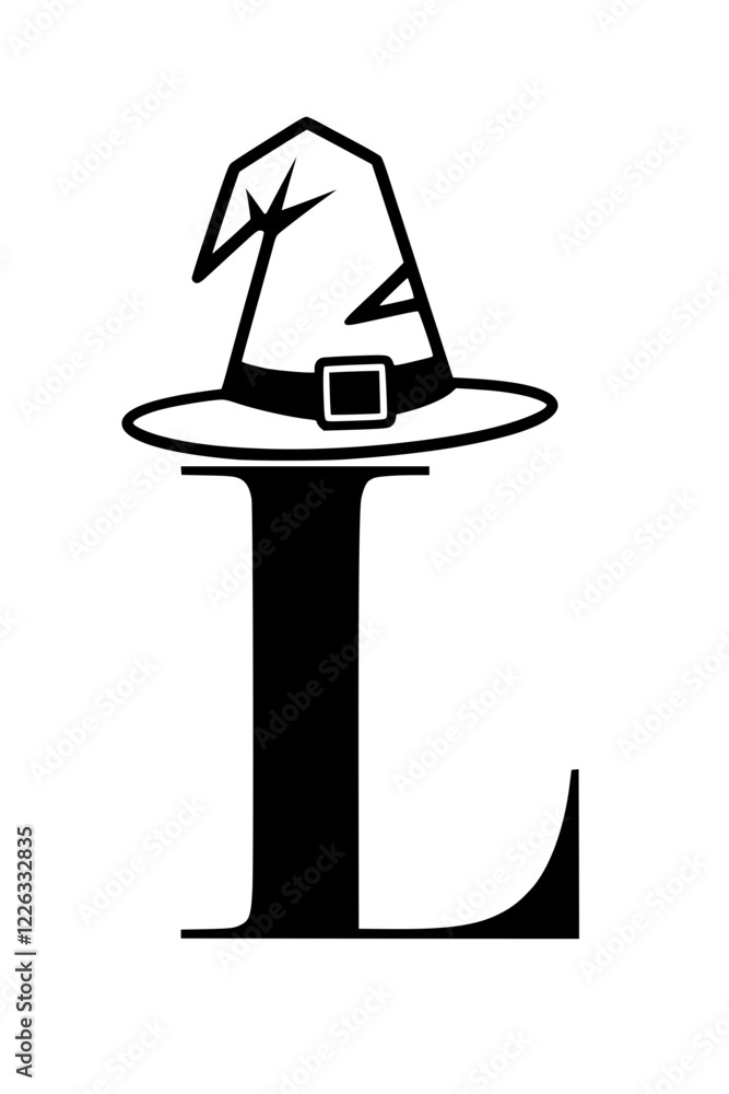 Letter L with Witch Hat Silhouette , Black silhouette of the letter L wearing a witch's hat, symbolizing Halloween, magic, and spooky themes on a light gray background.
Letter L with Witch Hat Silhouette , Black silhouette of the letter L wearing a witch's hat, symbolizing Halloween, magic, and spooky themes on a light gray background.