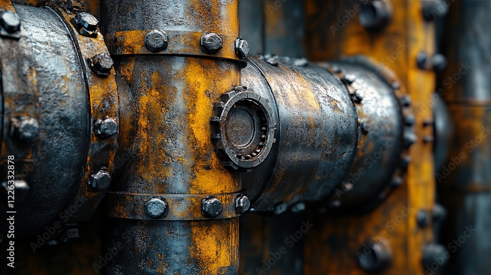 Close-up of oil rig machinery and pipes, industrial details with metallic textures Close-up of oil rig machinery and pipes, industrial details with metallic textures