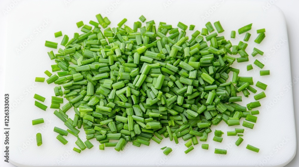 Freshly chopped green chives are neatly arranged on a white cutting board, showcasing their vibrant color and fine texture. Freshly chopped green chives are neatly arranged on a white cutting board, showcasing their vibrant color and fine texture.