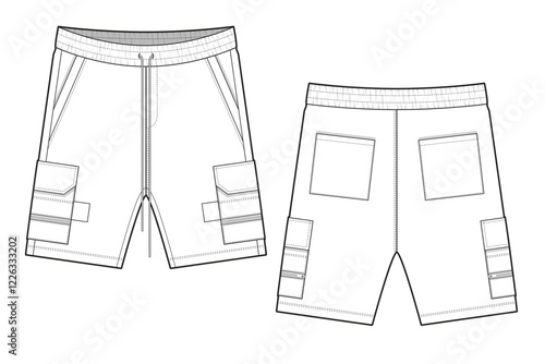 Men's cargo short pants with elasticated waist front and back view technical flat sketch vector mockup illustration.