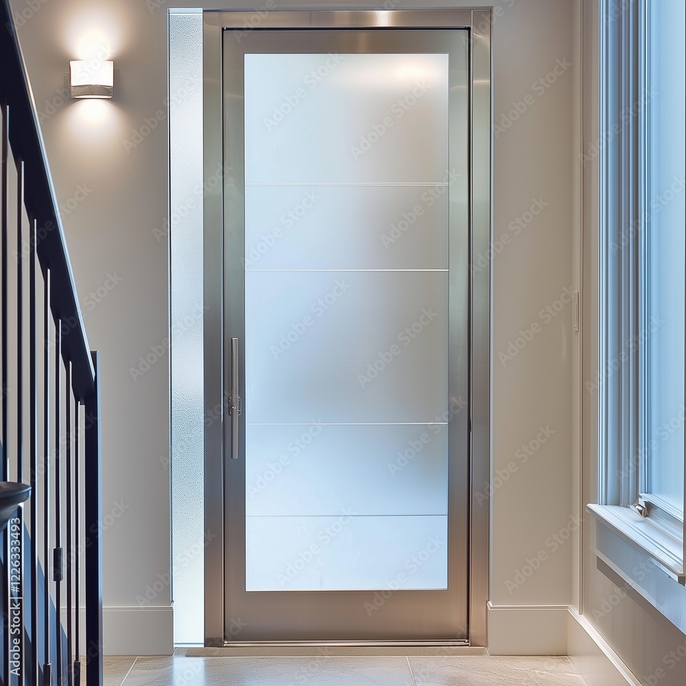 Urban-style entryway featuring frosted glass door encased in slim steel. Urban-style entryway featuring frosted glass door encased in slim steel.
