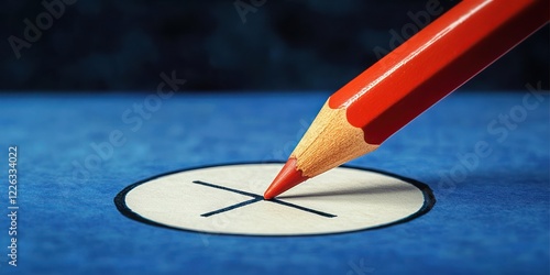 Vote Marking on a Ballot with Red Pencil in a Serene Blue Background photo