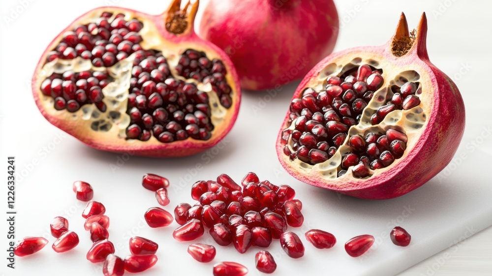 A vibrant pomegranate, sliced in half, reveals its juicy red seeds scattered on a white surface. A vibrant pomegranate, sliced in half, reveals its juicy red seeds scattered on a white surface.