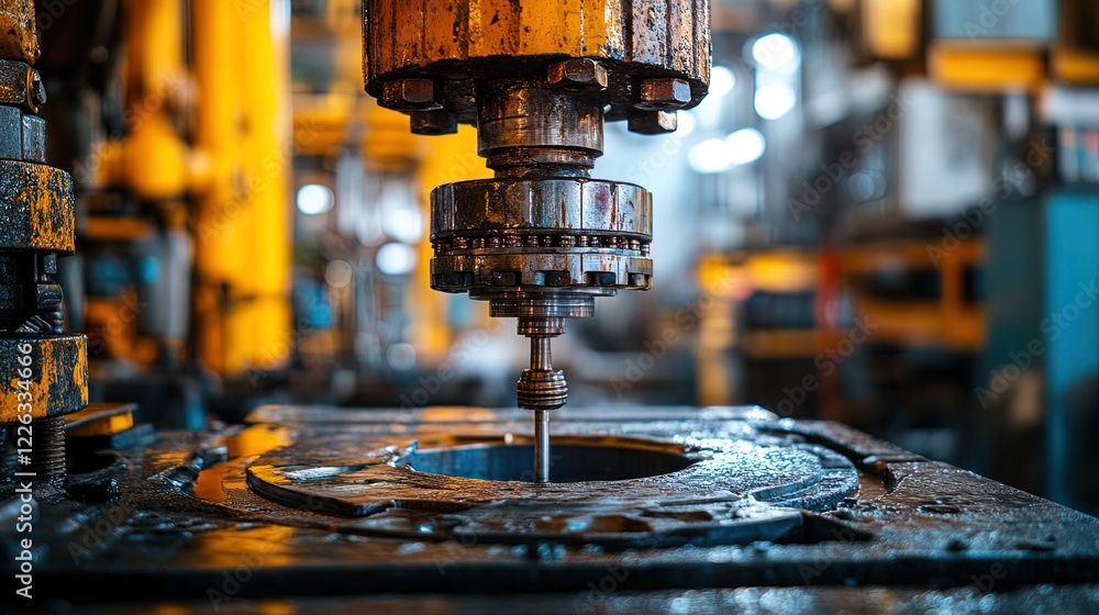 Close-up of drill bit and oil rig machinery, intricate industrial components Close-up of drill bit and oil rig machinery, intricate industrial components