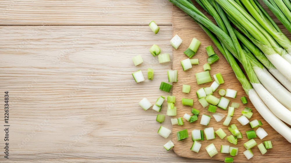 Fresh green onions are chopped and scattered on a wooden cutting board, showcasing vibrant colors and textures. Fresh green onions are chopped and scattered on a wooden cutting board, showcasing vibrant colors and textures.