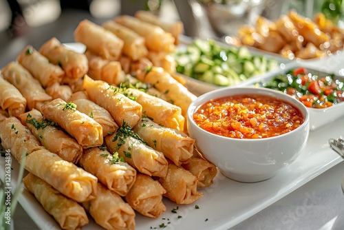 Mini vegetable spring rolls served with sweet chili dipping sauce, arranged on a white platter