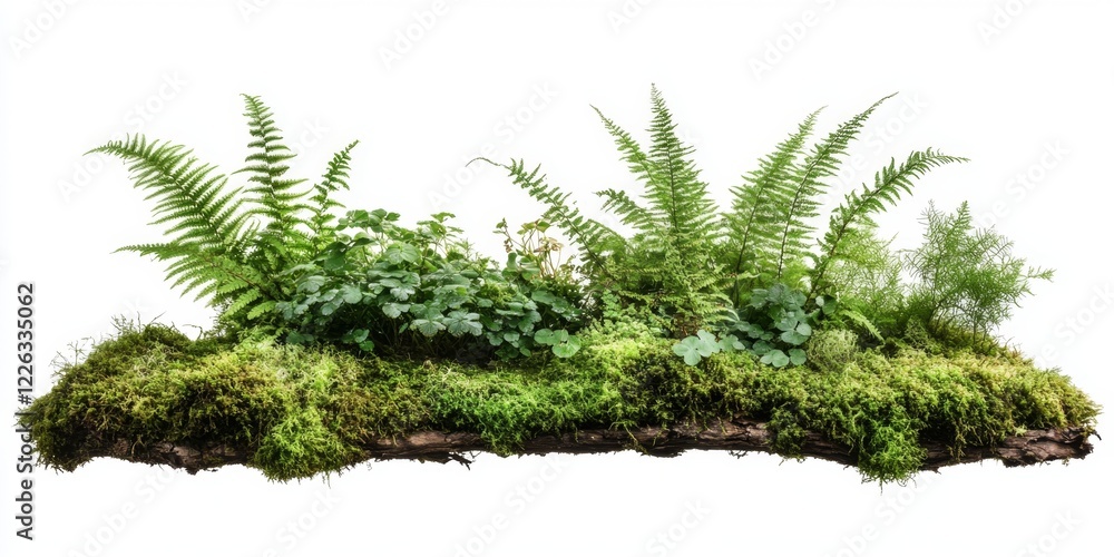 Naklejka premium Lush Green Ferns and Plants on Mossy Log in Natural Environment