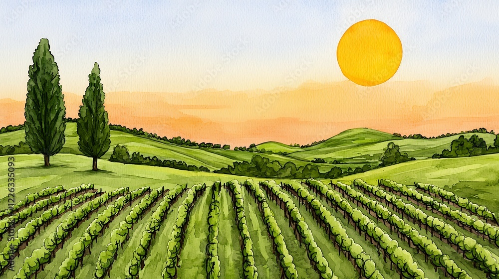 Fototapeta premium Serene Vineyard Landscape at Sunset with Cypress Trees and Rolling Hills