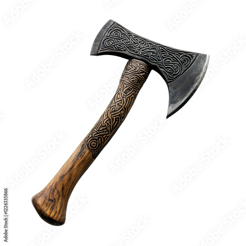 Double-Edged Axe of Heritage: This double-edged axe, a testament to craftsmanship, displays intricate carvings on its wooden handle and blade, offering a glimpse into a rich history. photo