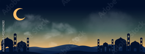 Islamic New Year Greetings with Twilight Mosque Design.