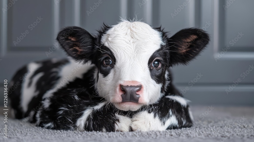 Adorable newborn calf indoors, resting on carpet, gray background Adorable newborn calf indoors, resting on carpet, gray background