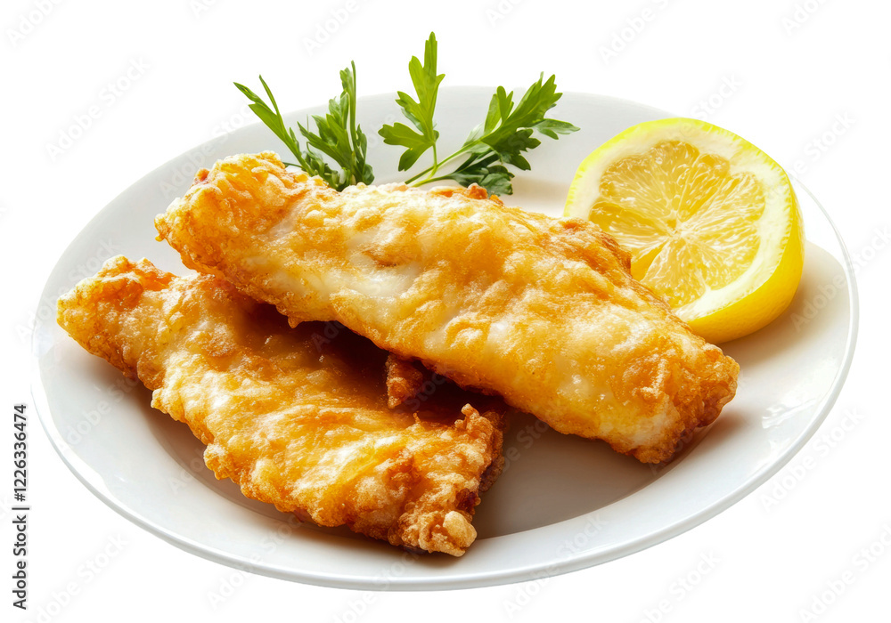 Fresh lemon-herb crispy fried fish isolated on transparent background Fresh lemon-herb crispy fried fish isolated on transparent background