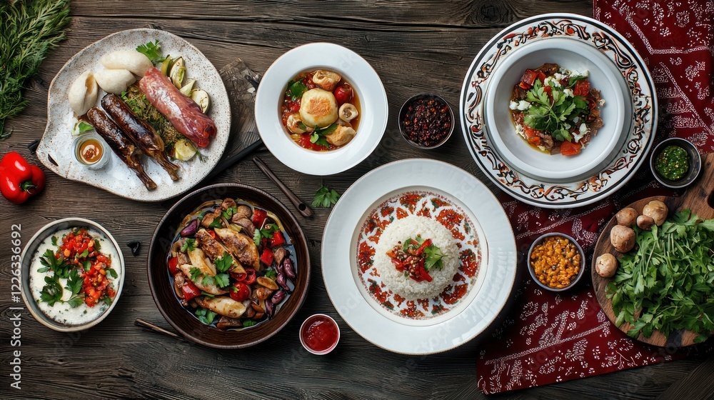 Variety of Dishes on Rustic Wooden Table Variety of Dishes on Rustic Wooden Table