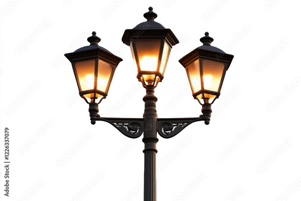 Triple lamp post, city streetlight, illuminated, night, urban background, stock photo Triple lamp post, city streetlight, illuminated, night, urban background, stock photo
