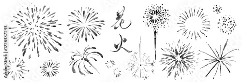 「筆で描いた花火の墨絵素材セット」ベクター、夏、花火大会、和、和風、日本文化、イラスト