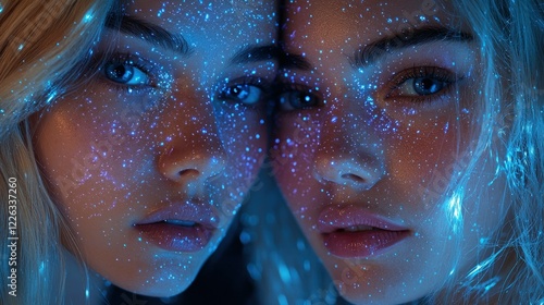 Celestial Twins: A luminous portrait of two women adorned with cosmic dust, their faces illuminated by a mesmerizing blue glow, creating a surreal and ethereal atmosphere.