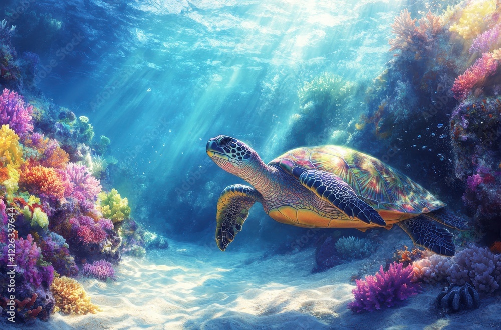 Obraz premium Colorful sea turtle swimming gracefully among vibrant coral reefs and shimmering sunlight in a clear blue ocean underwater scene