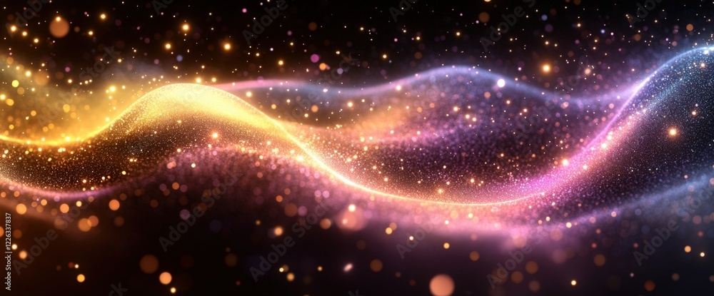 Obraz premium Abstract Sparkling Wave with Gold Pink Purple and Blue Glitter Particles on Dark Background