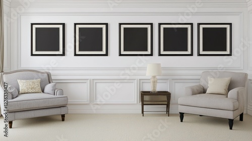 Light grey sofa and beige carpet under four small black frames.