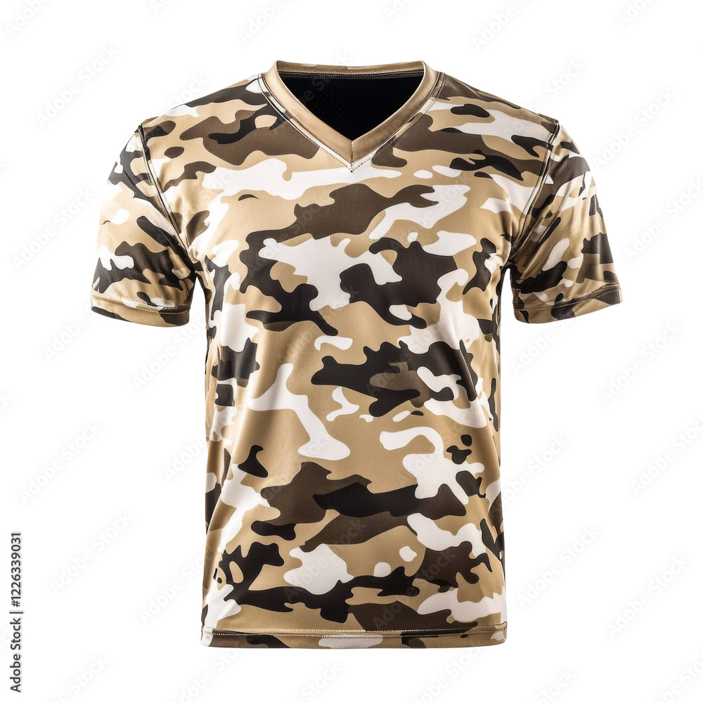 Naklejka premium Camouflage t shirt in beige, brown, and black colors, featuring v neck design. Ideal for outdoor activities and casual wear, this shirt combines style with functionality