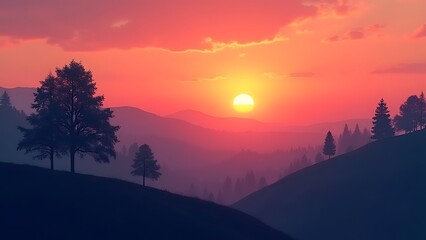 Papier peint photo Corail serene sunset abstract trees hillside landscape  © Crow Studios