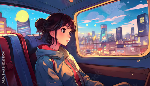 アニメ・漫画風のタクシーの後部座席　車窓から外の街の様子を眺めるもの憂げな女の子がドライブするイラスト　チルホップ・移動・自動車・座席　ネオンで輝く都市の風景　