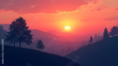 serene sunset abstract trees hillside landscape