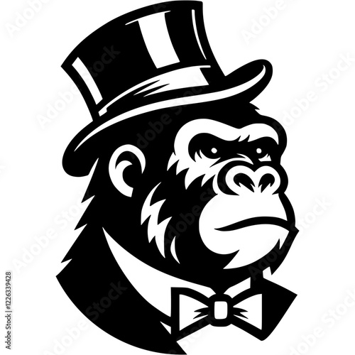 Tattoo of gorilla gentleman with bow tie top hat head in monochrome. Lord chimpanzee. Engraving minimalistic vector in black ink drawing on transparent background photo