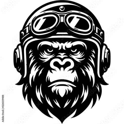 Tattoo of gorilla biker in motorcycle helmet in monochrome. Monkey motorcyclist. Engraving minimalistic vector in black ink drawing on transparent background